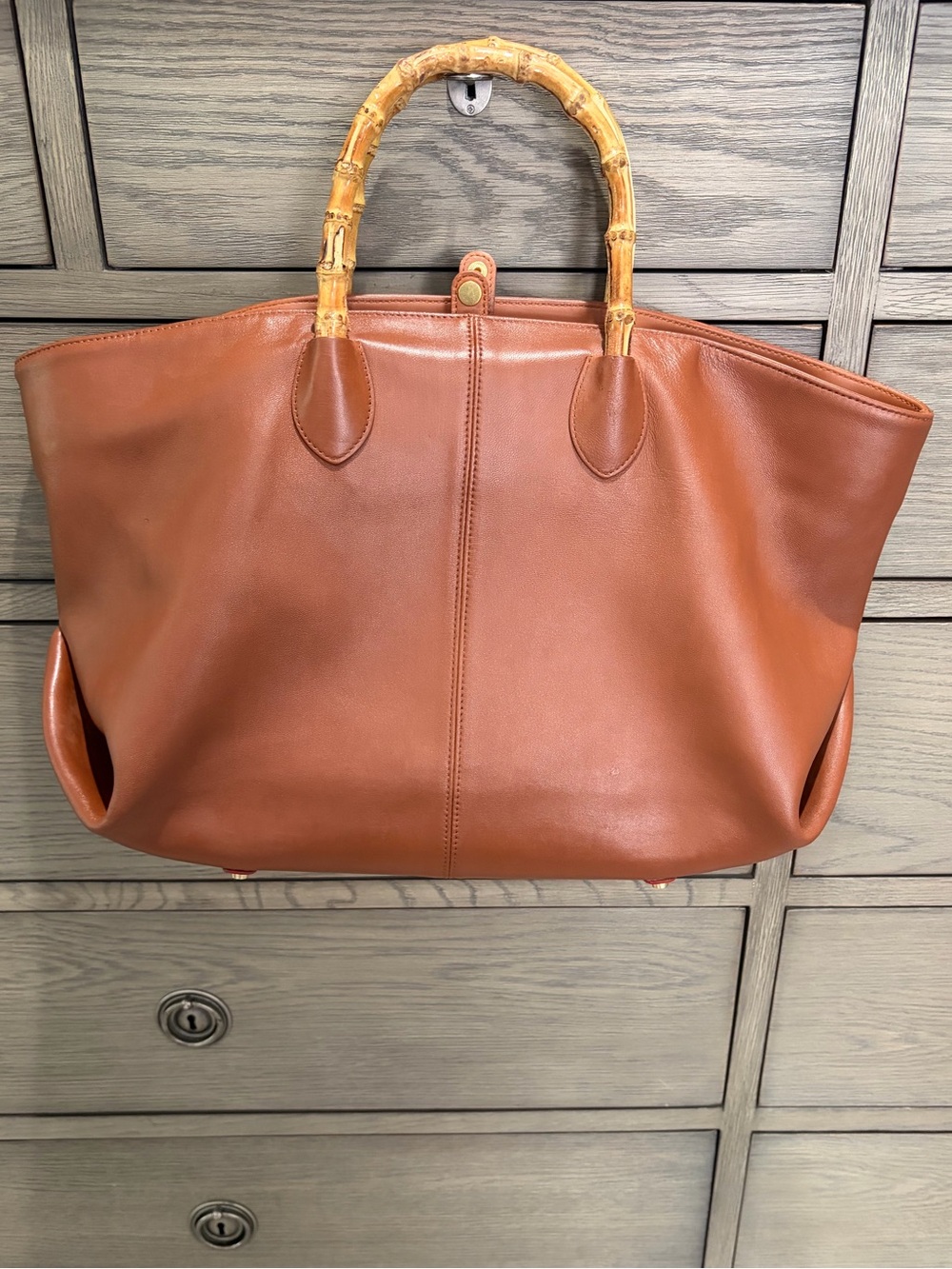 J. McLaughlin Buttery Leather Bamboo-Handle Tote Bag in Warm Brown, Large Tote - Picture 2 of 9